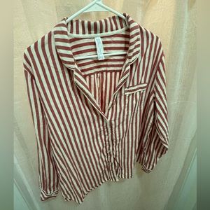 Pinkish-red striped button down linen shirt